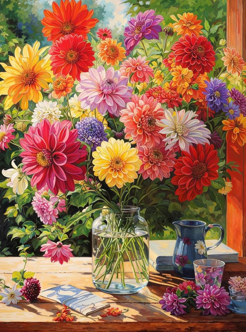 Cross & Glory - Rainbow Dahlia Delight - 1000 Piece Jigsaw Puzzle for Adults | Vibrant Flower Collection | Satin Finish | Challenging & Colorful Art