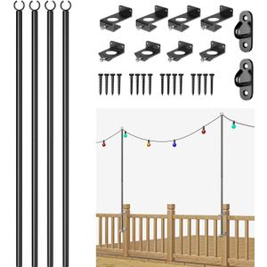 4 Pack 6.5FT Stainless Steel String Lights Pole Bracket/Holder with 2 Wall Hooks for Deck Railing Wood Posts (Black)