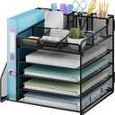 Lavatino Desk Organizer, 5-Tier Metal Mesh Paper Letter Tray with 1 File Holders & 7 Flexible Dividers for Office or Home Desk Organizers and Accessories, Keep Workspace Supplies Neat, Black