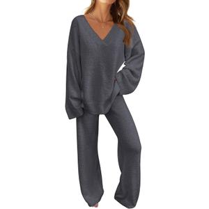 MEROKEETY Women's Lounge Sets 2026 Fall Fashion 2 Piece Outfits Sweater Pajama Set Fuzzy Loungewear Matching Winter Clothes (X-Large, Darkgrey)