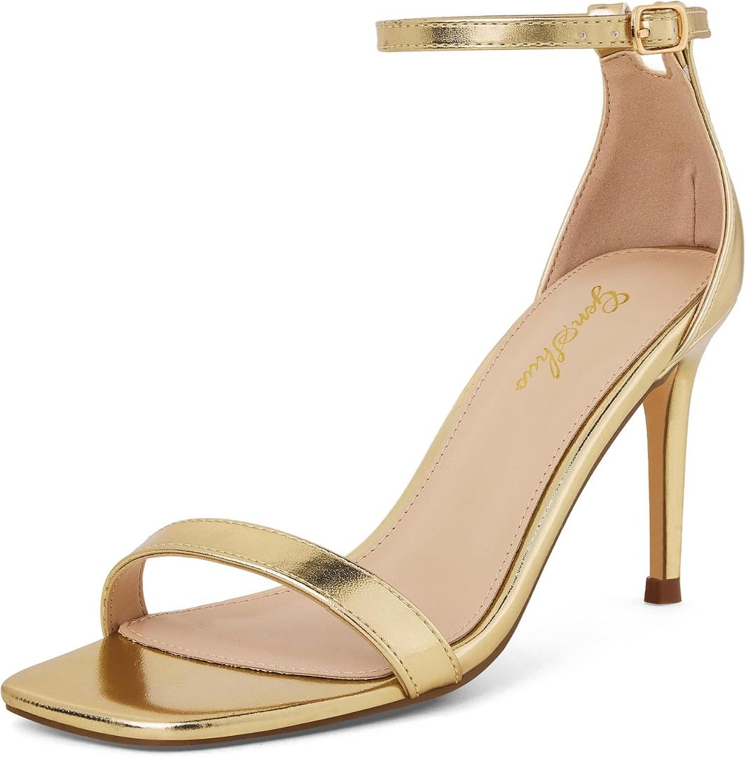 GENSHUO Women's Heeled Sandals Dressy Strappy Stiletto High Heels 3 Inch Square Open Toe Ankle Strap Buckle Sexy Prom Wedding Dress Shoes Ankle Wrap, US 10
