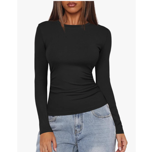 Darong Women's Long Sleeve Crew Neck Shirts Fall Basic Casual Ruched Side Slim Fit T Shirts Tee Tops, Black, M