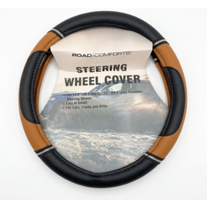 Road Comforts Steering Wheel Cover Black Tan Universal Fits 14.5 15.5 Inch Cars