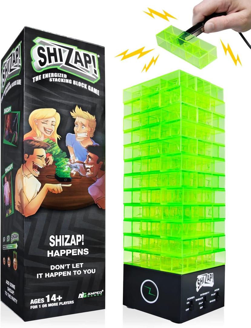 Amped Gamez ShiZap! - Electric Shock Stacking Block Game, Plastic Tumble Tower Blocks, Shocking Tweezers, LED Base That Plays Suspenseful Music, Family Fun Party Games for Teenage Boys, Girls, Adults