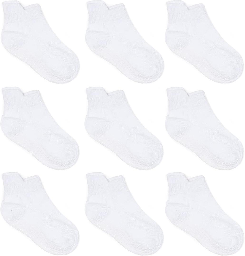Zaples Baby Non Slip Grip Ankle Socks with Non Skid Soles for Infants Toddlers Kids Boys Girls (1-3T, White - 9 Pairs)