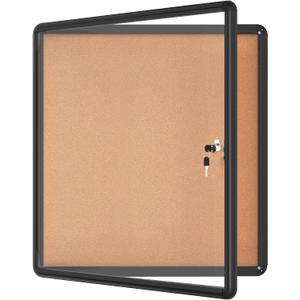 Mifuro 28"x26" Enclosed Bulletin Board, Lockable Weather-Resistant Aluminum Cork Noticeboard for School & Office, Black Frame w/Cork