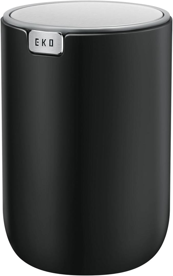 EKO Mini Desk Trash Can with Swing-Top Lid 0.4 Gallon Small Table Round Wastebasket for Office, Home, Car (Black) (1.5 Liters)
