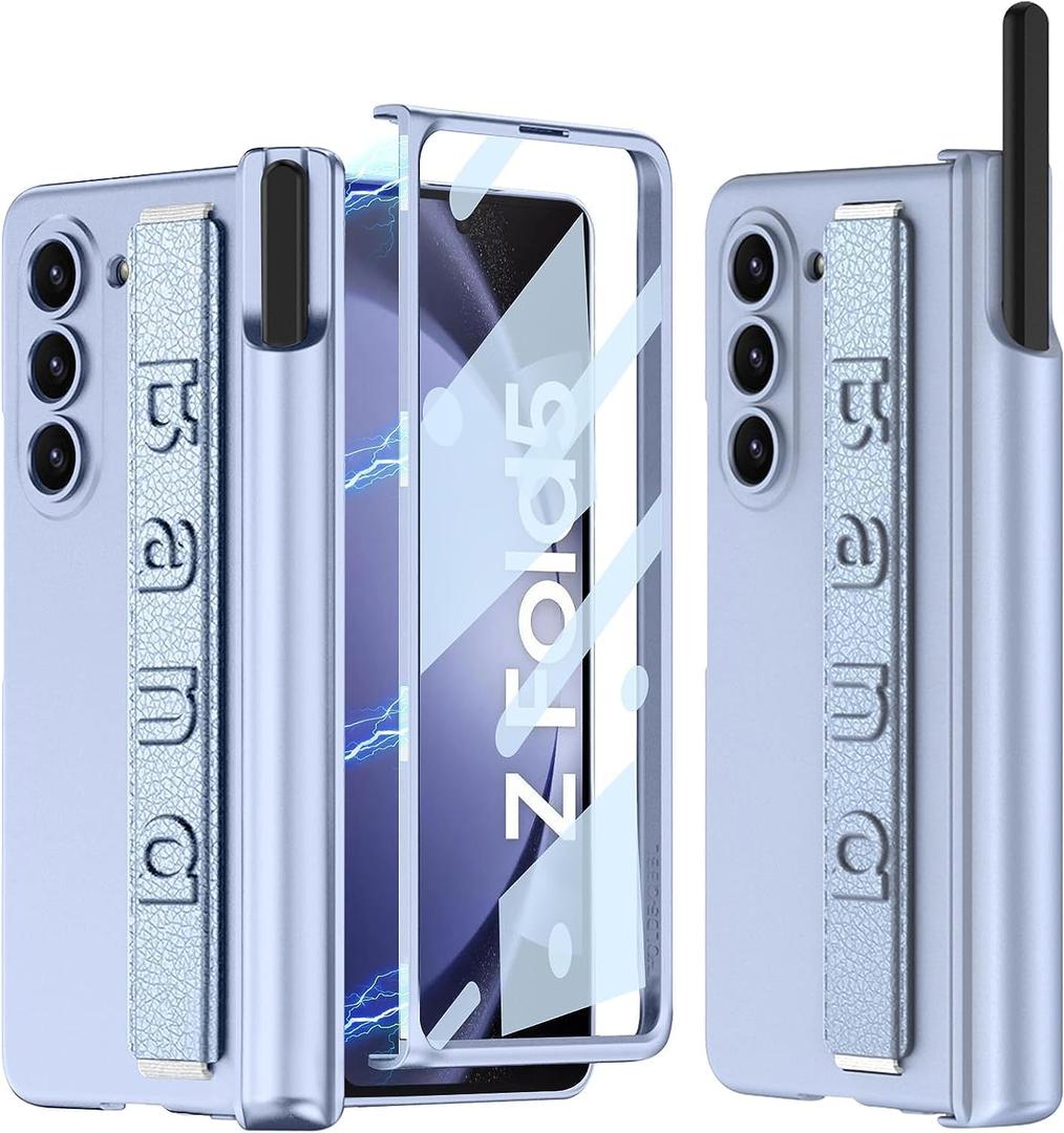 DEMCERT for Samsung Galaxy Z Fold 5 Case with [Fold5 Edition S-Pen Holder] [Wrist Band], Luxury PC Magnetic Shockproof Cover with Screen Protector for Galaxy Z Fold 5 5G (Light Blue)