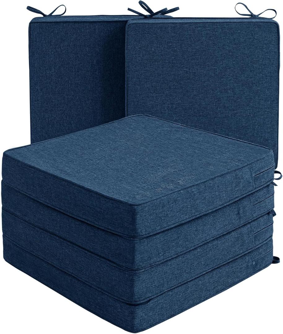 Outdoor Chair Cushions, Water-Resistant & Fade-Resistant, Patio Furniture Square Seat Replacement Chair Pads with Ties, Removable Cover, Non-Slip Bottom, Set of 6, 19 x 19 Inch, Navy Blue