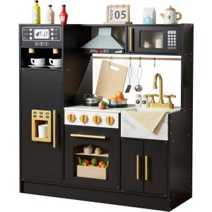 Play Kitchen for Kids, Wooden Toy Kitchen Set with Realistic Accessories, Luxury Style Toddlers Kitchen, Range Hood, Refrigerator, Ice Maker, Oven, Microwave, Coffee Maker, Pretend Play Gift for 3+