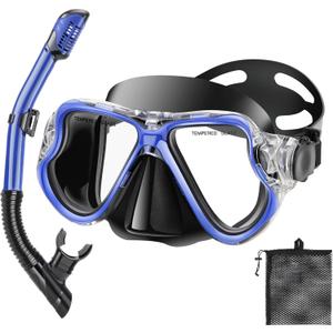 Snorkeling Gear for Kids, Dry Snorkeling Set, Panoramic Anti-Leak and Anti-Fog Tempered Glass Lens, Adjustable Strap Snorkel Set with Mesh Bag Ear Plug for Snorkeling Scuba Diving Travel (Blue)