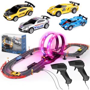 Slot Car Race Track Set, 19ft Electric Track with LED Lights and 4 Slot Cars, 2 Hand Controllers and Racing Game Lap Counters, Set Features Loop, Turns, and Crossover for Boys Age 6-12
