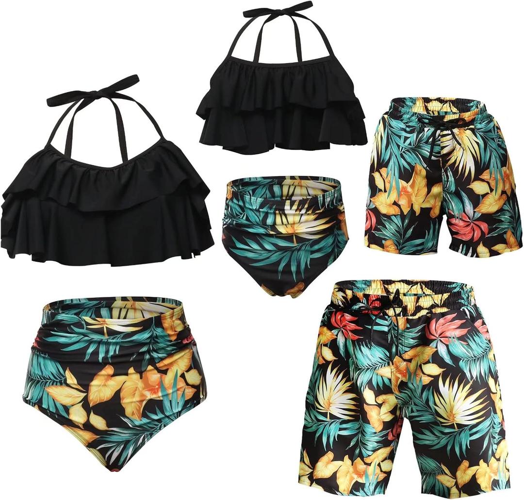 Matching Family Swimsuits Ruffle Bathing Suits Mommy and Me Swimwear Two Pieces Bikini Set (X-Large, Black)