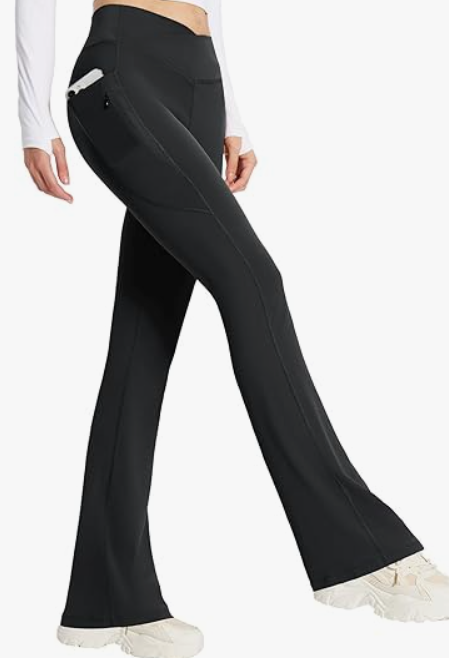 Baleaf Women's Flare Leggings with Zipper Pockets Crossover High Waist Bootcut Yoga Pants Tummy Control Bell Bottom Leggings