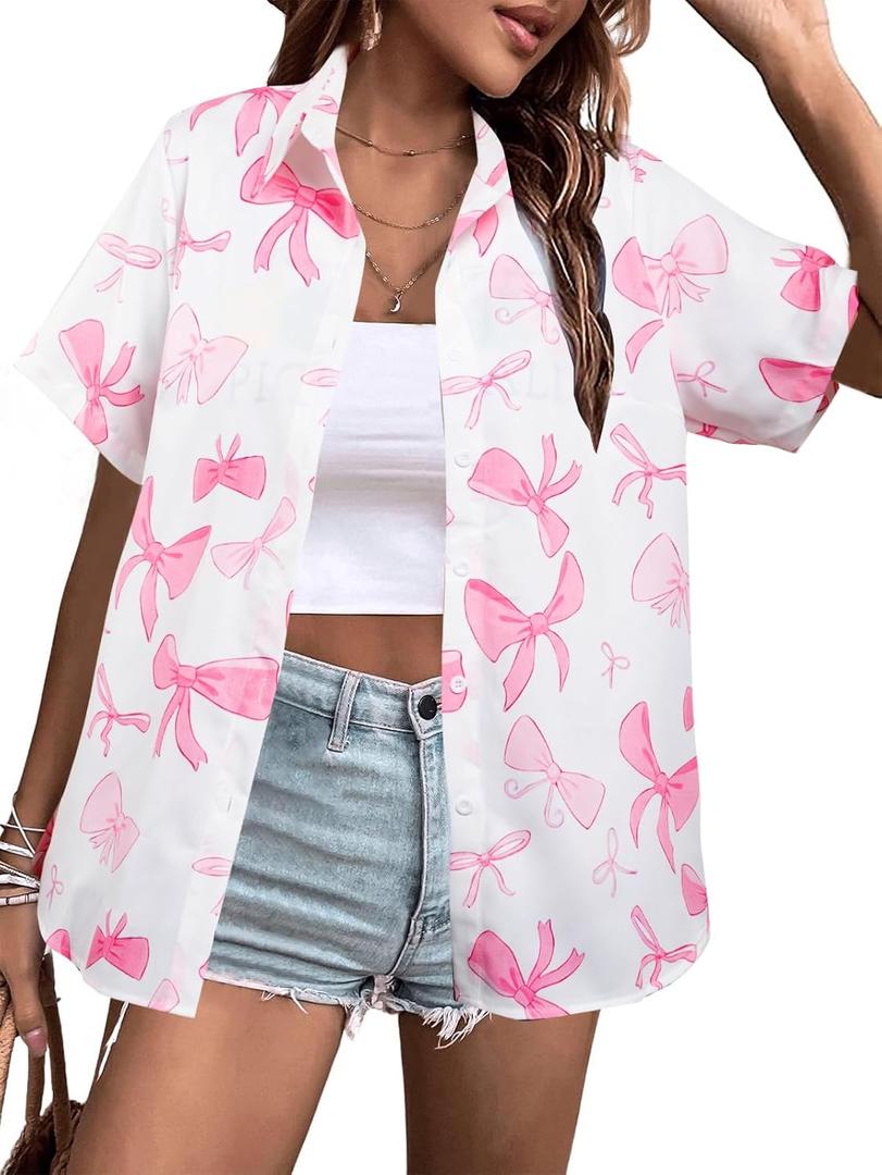 Hawaiian Shirts for Women Soft Cool Summer Hawaiian Shirt Floral Tropic Print Tees V Neck Button Up Short Sleeve Top (L)