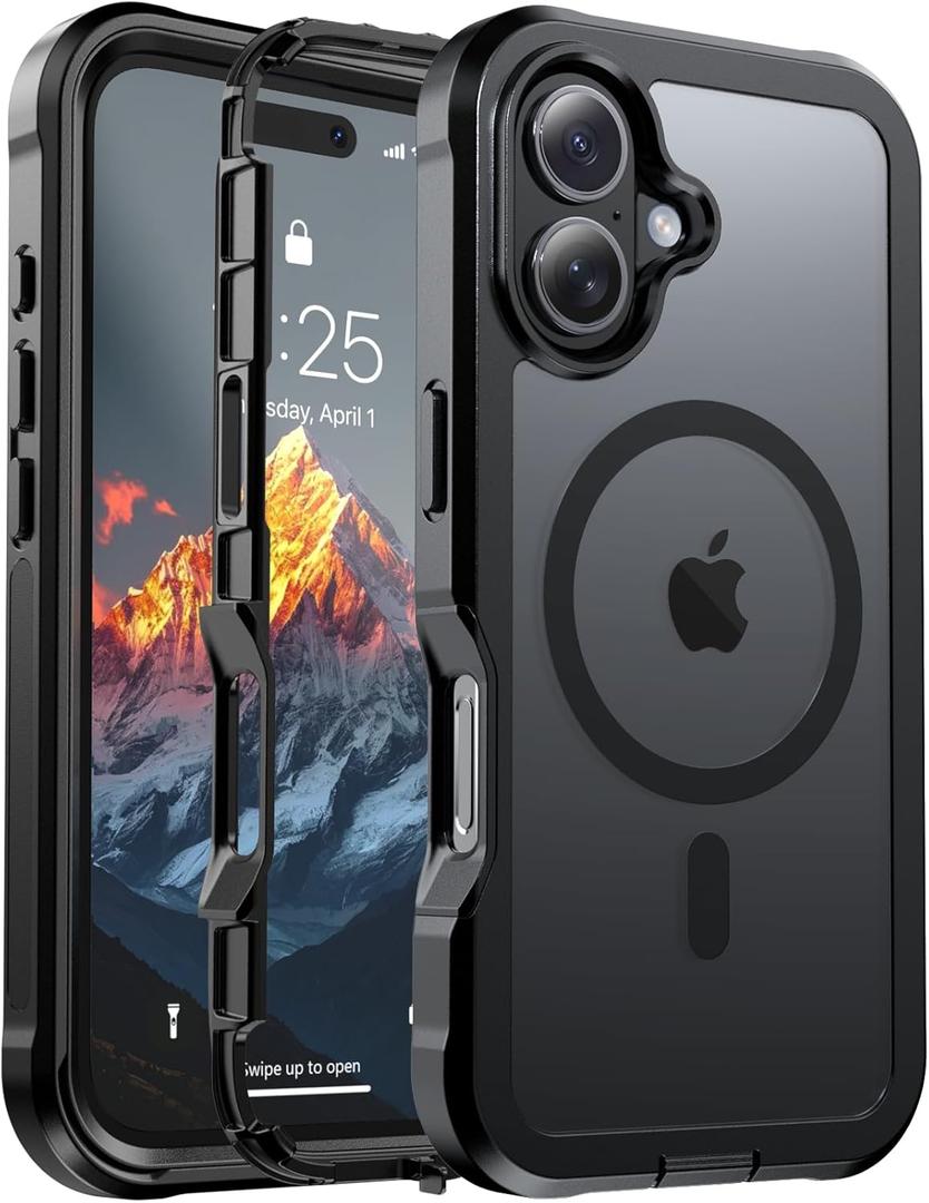 Magnetic for iPhone 16 Case, [Compatible with MagSafe][Military Grade Drop Protection][Heavy Duty Protection][Non-Slip][Shockproof] 2-Layer Durable Bumper Phone Case 6.1''-Black