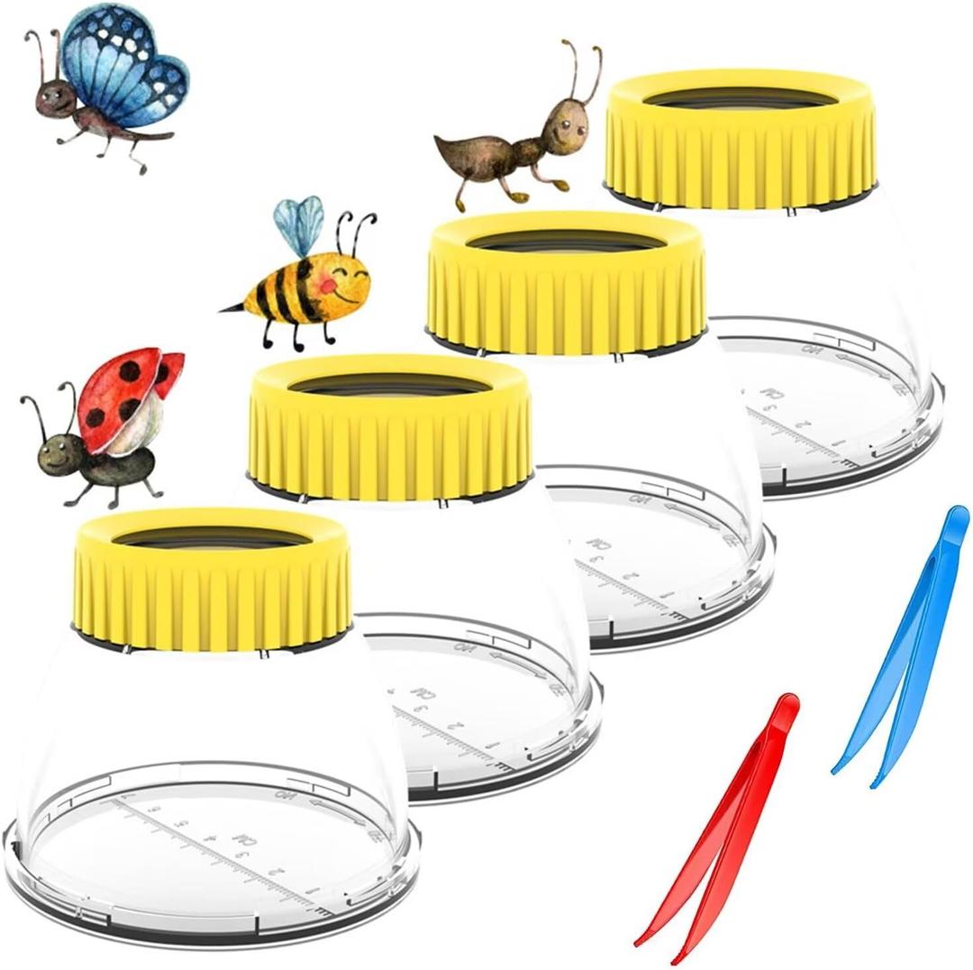 Bug Cather 5X Magnifyer Insect Jar Observation Kit Bug Viewer Built-in 7cm Ruler with 2 Plastic Tweezers Bug Catcher Kit for Kids Science Nature Exploration (4Pack, Yellow)