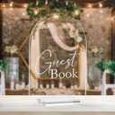 Acrylic Arch Guest Book Sign, 5x7 Inch Clear Wedding Cards 1/8" Thick and Stand, Modern Calligraphy White Lettering Arched Acrylic Cards for Wedding (Please Sign Our Guest Book, 5x7 Inch)