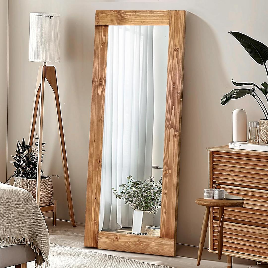 Full Length Mirror 58"x24"  Solid Wood Frame, HD Tempered Glass, Wall Mounted & Leaning, Rustic Modern Decor for Bedroom, Living Room, Entryway, Light Brown