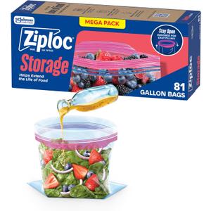 Ziploc Gallon Food Storage Bags, Stand-Up Bottom, Easy to Fill, 81 Count 

	5"W x 11.31"H