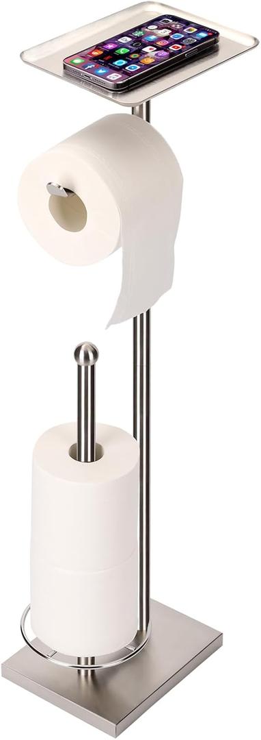 Toilet Paper Holder with Tray at The Top, Heavy-Weighted Stainless Steel Base No Wobbly, Freestanding Toilet Paper Rolls Stand, Hold Extra 3 Paper Rolls On The Base (Brushed Nickel)