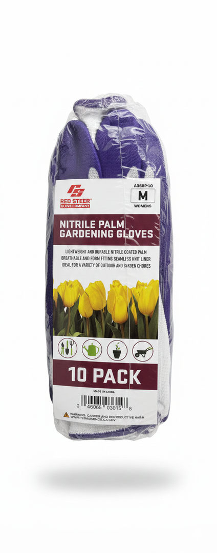 RED STEER GLOVE COMPANY, NITRILE PALM GARDENING GLOVES,PACK OF 10, (White& Purple)