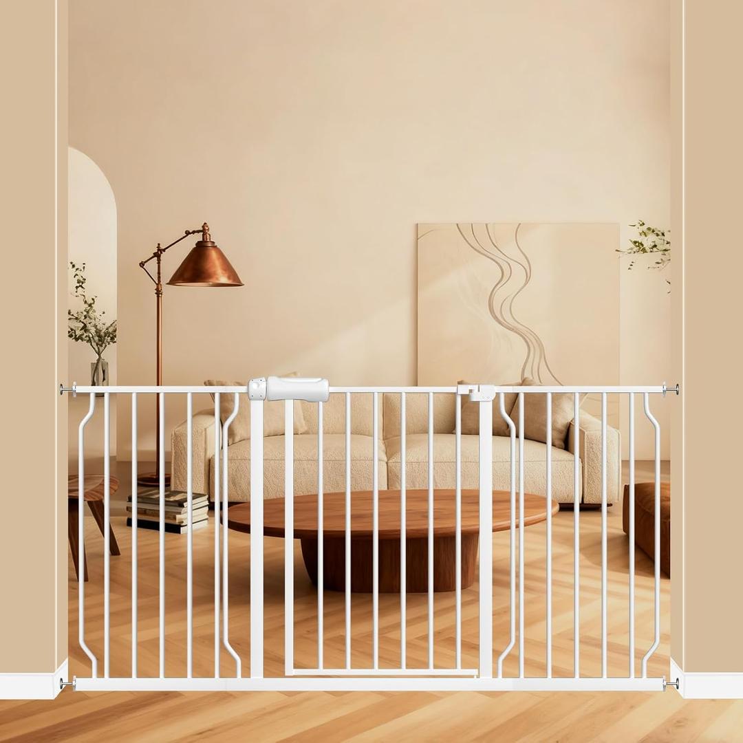 ALLAIBB Extra Wide Pressure Mounted Baby Gate Walk Through Child Kids Safety Toddler White Long Large Pet Dog Gates with Extension for doorways Kitchen and Living Room (57.48-62.20"/146-158cm)