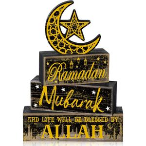 Moucuny 4 Pcs Ramadan Mubarak Table Decor Wooden Eid Mubarak Tabletop Signs for Home Black and Gold Muslim Islam Ramadan Mubarak Centerpiece for Islamic Gifts Kareem Home Table Decor