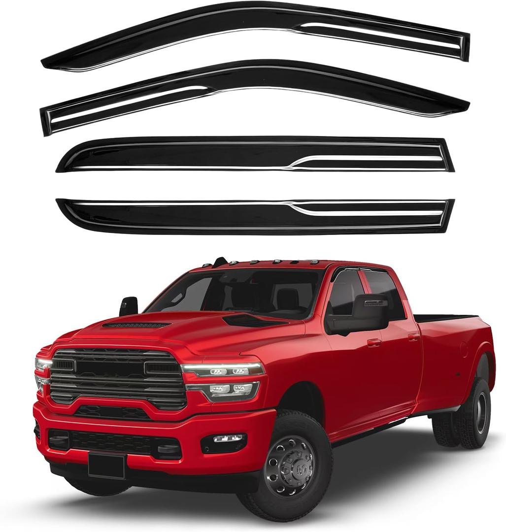 Canvcle RAM 2500 Rain Guards - Window Visors for Dodge RAM 2500 3500 Crew Cab 2019-2025 2026, Outside-Mount Tape-On Side Window Wind Deflectors for RAM 3500 Accessories, Vent Visors Shades Rainproof