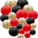 ADLKGG Paper Lanterns Decorations, Red Black Gold Hanging Round Paper Lanterns for Graduation, BBQ Party Supplies, Mickey Mouse Themed Birthday, Pirate Theme Casino Poker Party Decor Set of 21