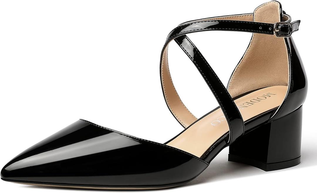MODENCOCO Women's Patent Buckle Pointed Toe Block Cross Strap Solid Chunky Low Heel Pumps Shoes 2 Inch (8.5, Black)