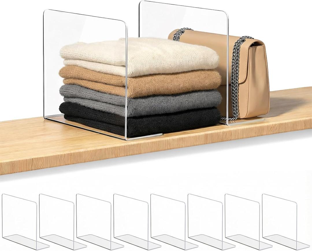 OKPOW Shelf Dividers for Closet Organization  Keep Sweaters & Purses Upright, Clear Acrylic Separators for Most Wood Shelves & Pantry, Damage-Free, Sturdy & Tall (10" x 12", 8 Pack)