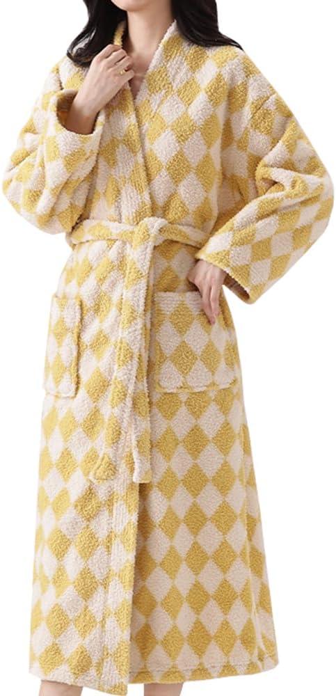 Womens Plush Robes Long Soft Fluffy Bathrobe Bathrobe With Pocket Belt Warm Robes (Small-Medium, Grid-yellow)
