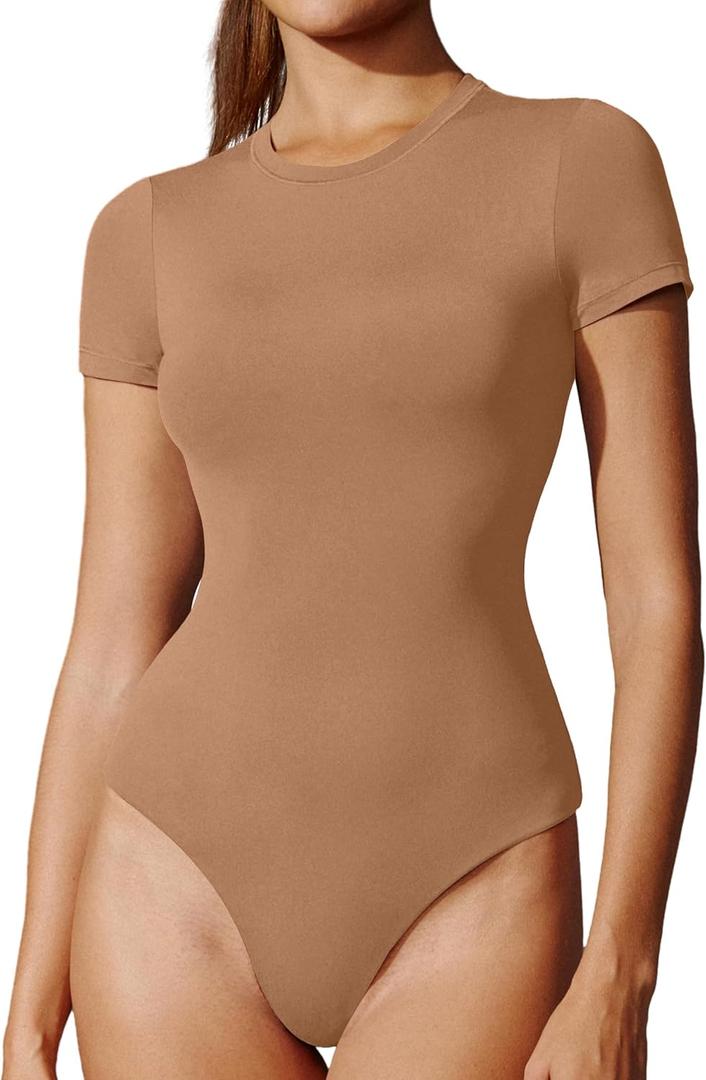 IUGA Bodysuits for Women Tummy Control Crew Neck Short Sleeve Body suits Basic Bodysuit T shirt Tops (Medium)