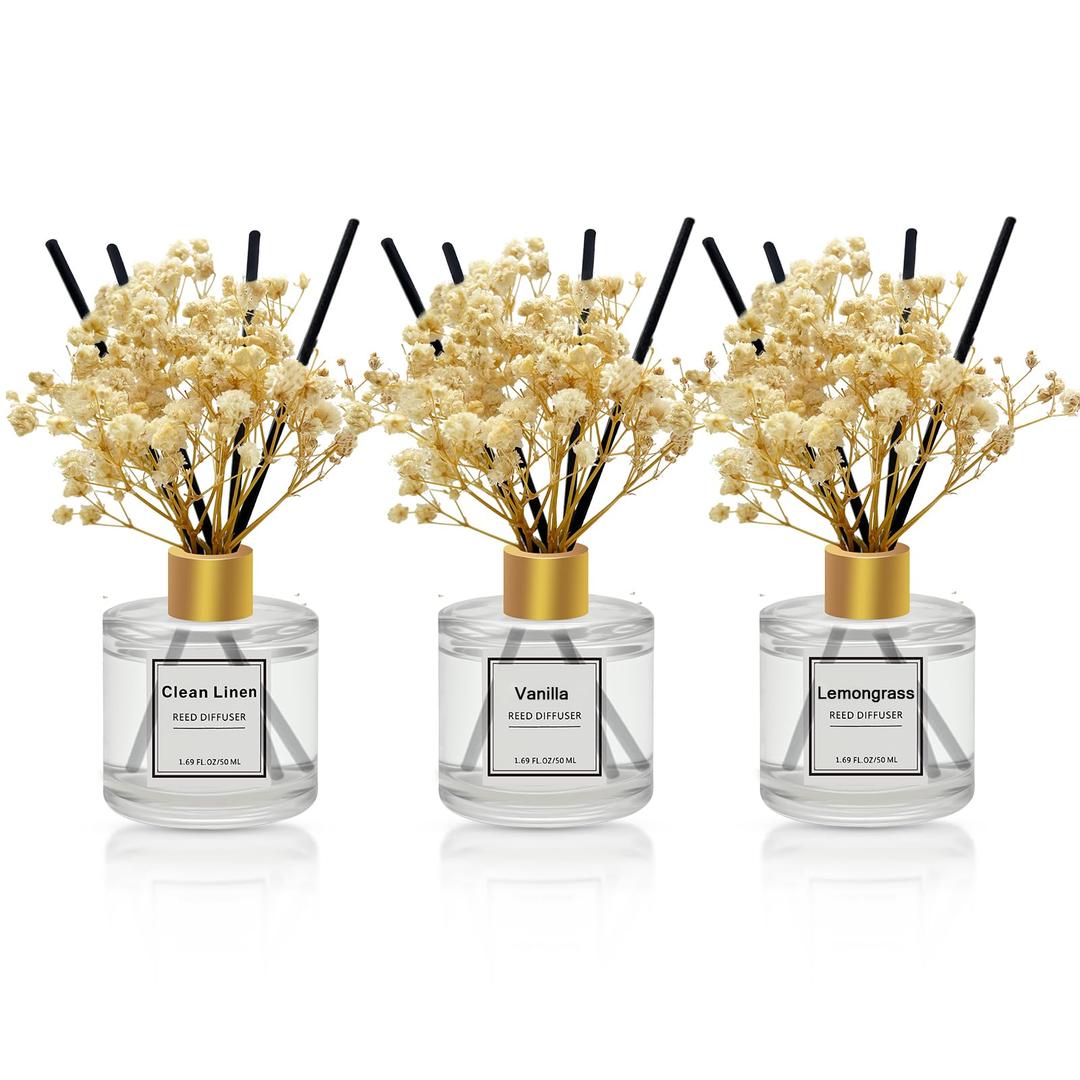 Reed Diffuser Set of 1 Pack,Clean Linen,Vanilla,Lemongrass Scented Oil Diffuser with 4 Sticks,Reed Diffusers for Home,Living Room,Bathroom Air Freshener Diffuser,50ml x 3
