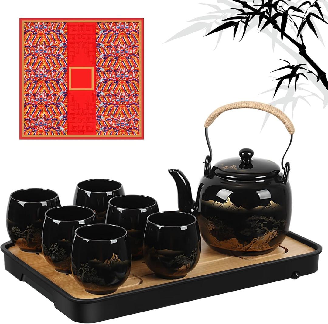 Hushee Japanese Tea Set in Gift Box Asian Porcelain Tea Set with 1 Teapot, 6 Cups, 1 Tray, 1 Stainless Infuser, Black Ceramic Chinese Teapot Christmas Winter Gift for Adult Lover