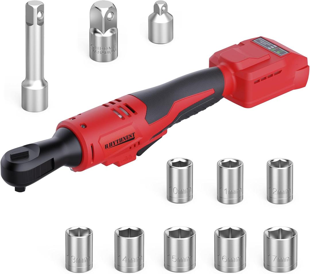3/8" Cordless Ratchet Wrench Compatible with Milwaukee M18 Battery,44Ft-Lbs Torque Electric Ratchet Set with 220RPM Variable Speed Trigger,8 Sockets,1/4" and 1/2" Adapters,3" Extension Bar(Tool Only)