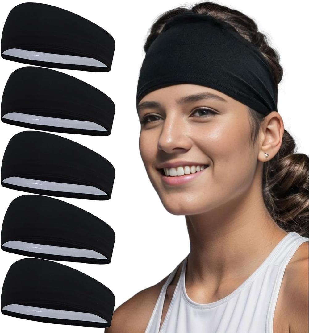 Women Workout Black Headband with Silicone Grip(5Pack) Non Slip Sweatband Sport Hair Band for Running Exercise Gym Yoga