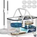 Gen 1 Large-Capacity Spin Mop and Bucket  for Big Homes & Deep Cleaning Days,4-Chamber System Separates Dirty & Clean Water, 2-GAL Heavy-Duty Design with Wheels & 6 Refill Mop Heads - White/Grey