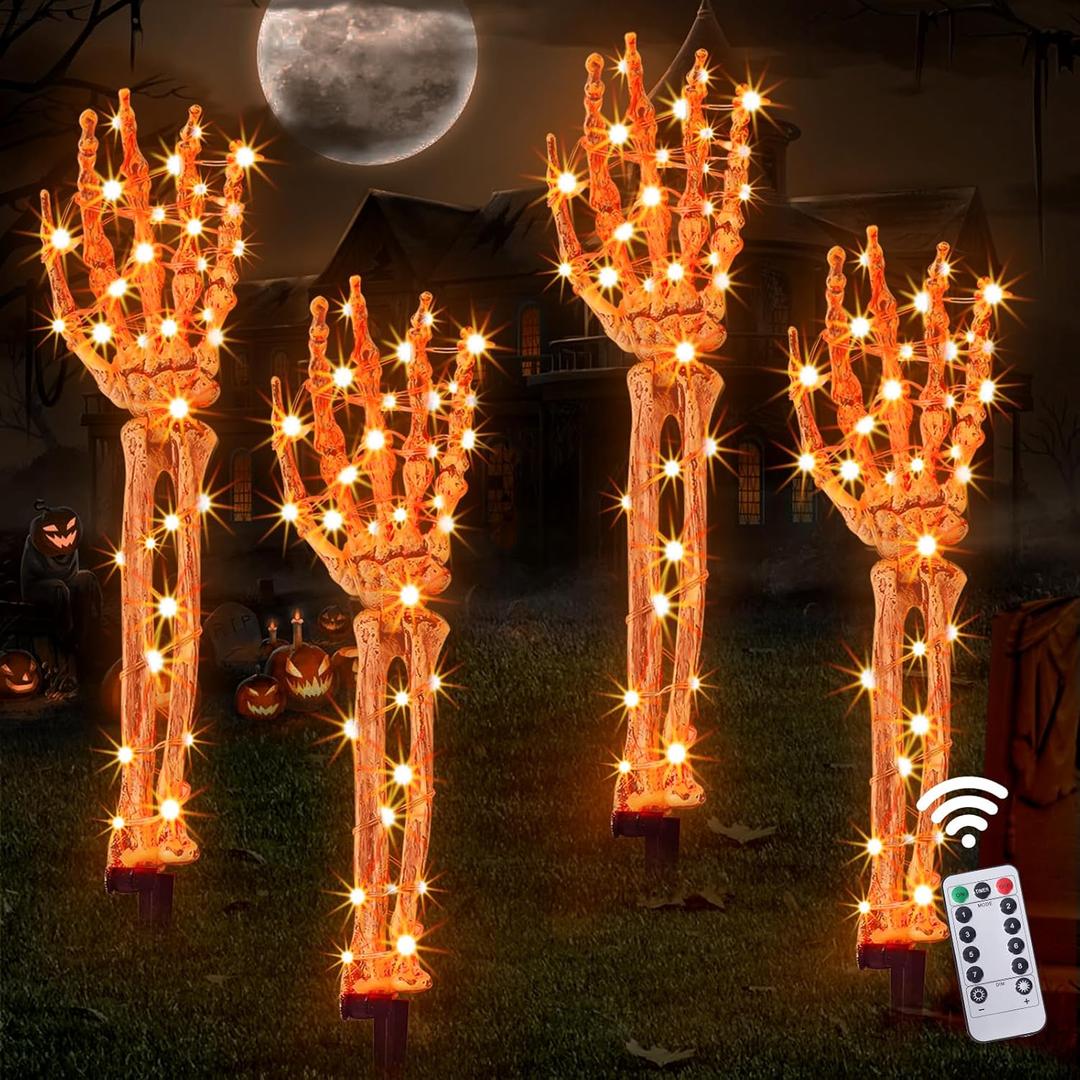 DIYDEC 4pcs Halloween Skeleton Arm Stake Decorations, Waterproof Lighted Skeleton Hands Yard Sign Stake for Halloween Garden Lawn Outdoor Graveyard Decor