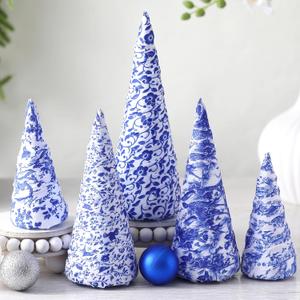 5 Pcs Chinoiserie Christmas Tree Mini Cone Table Decor Blue and White Porcelain Christmas Tree Table Centerpiece for Home Wedding Party Holiday Decor Mantle Decoration