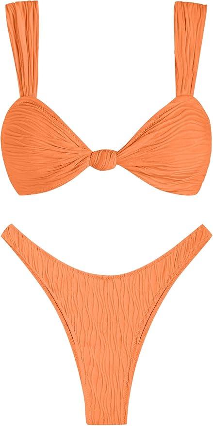ZAFUL 2025 Cheeky Bikini Sets for Women High Cut Swimsuit Textured Ribbed Bikini Thong Bathing Suit Orange, M