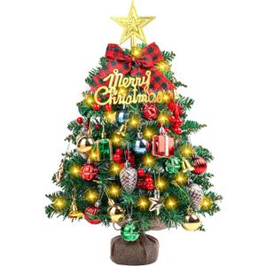 SVNVIOZ 2FT Small Tabletop Mini Artificial Christmas Tree with Lights, Red Green Ornaments - Xmas Tree for Holiday Home Decoration