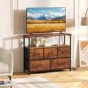 DUMOS TV Stand with 5 Fabric Drawers, Open Shelf & Charging Station, 38"D x 11.8"W x 31.5"H