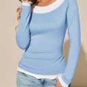 Tankaneo Womens Long Sleeve Shirts Crewneck Patchwork Casual Fitted Tunic Tops Ruffle Lightweight Outfits (Blue)