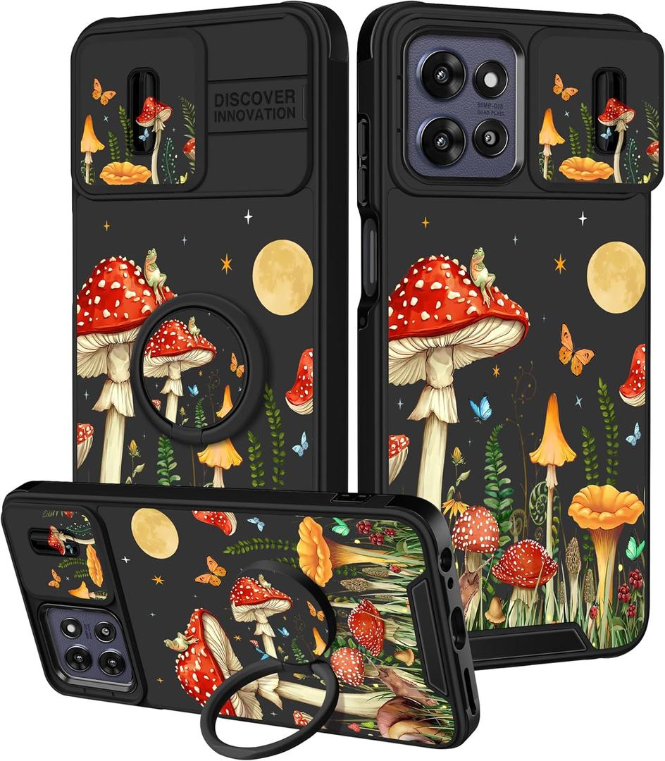 for Moto G Power 5G 2025, for Moto G Play 2025 Case - Women Girls Cute Phone Cover Girly Pretty Mushroom with Camera Cover and Ring Stand Funda for Motorola G Power 5G 2025/G Paly 2025