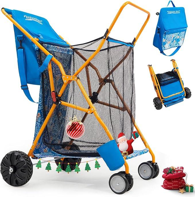 Old Bahama Bay Beach Cart with Large Wheels for Sand, Wide Wheelbase Beach Wagon with Insulated Cooler Bag, Body Board and Umbrella Holder | 100lb Capacity