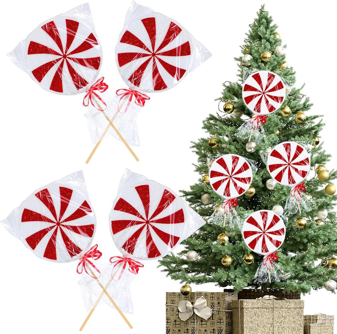 Briwooody 4 Pcs Large Candy Christmas Ornament 13.8 Inch Giant Lollipops Decoration Christmas Tree Hanging Ornament for Xmas Tree Decor(Red and White,Lollipops)