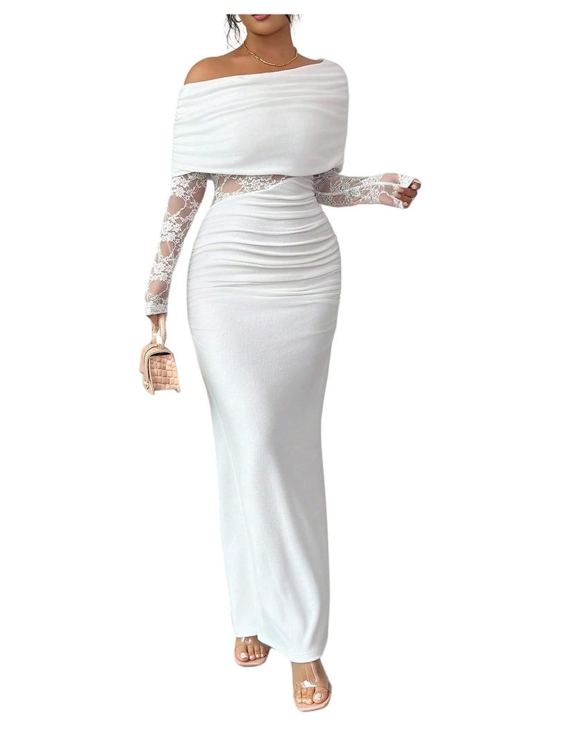 GORGLITTER Women's Long Sleeve Lace Off Shoulder Bodycon Dress Ruched Wedding Guest Bridesmaid Cocktail Maxi Dresses, S
