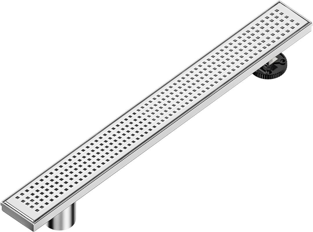 Neodrain 24-Inch Offset Side Outlet Linear Shower Drain with Quadrato Pattern Grate Cover, Brushed 304 Stainless Steel Rectangle Shower Floor Drain, with Leveling Foot, Hair Strainer Catcher